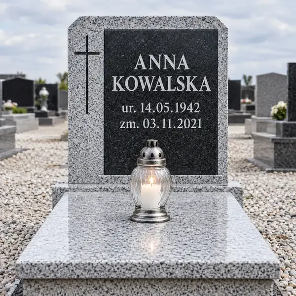 Przykładowy grób Anny Kowalskiej z datami urodzenia i śmierci oraz centralnym zniczem
