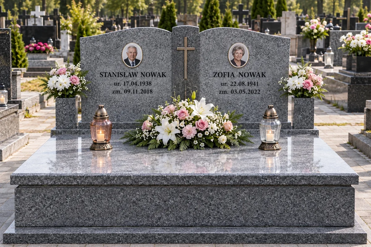 Cały grób Stanisława i Zofii Nowaków z portretami, datami, kwiatami i zniczami